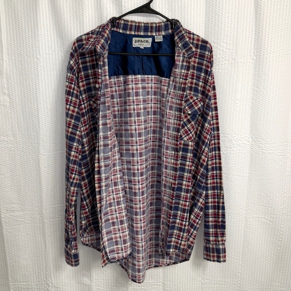 Rare Vintage JP & CO Heavyweight Flannel Shirt XL Plaid Navy Blue Red Brown 90s - Picture 2 of 6